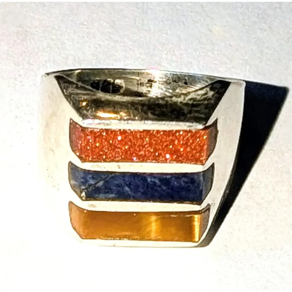 Sterling Silver 925 Taxco Ring Size 8 Goldstone Tiger’s Eye Inlay Mexico